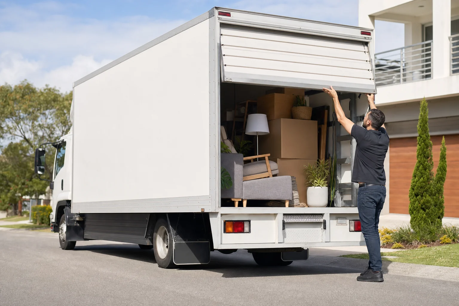 A removalist closing the door of a removal truck fully loaded with one household's furniture