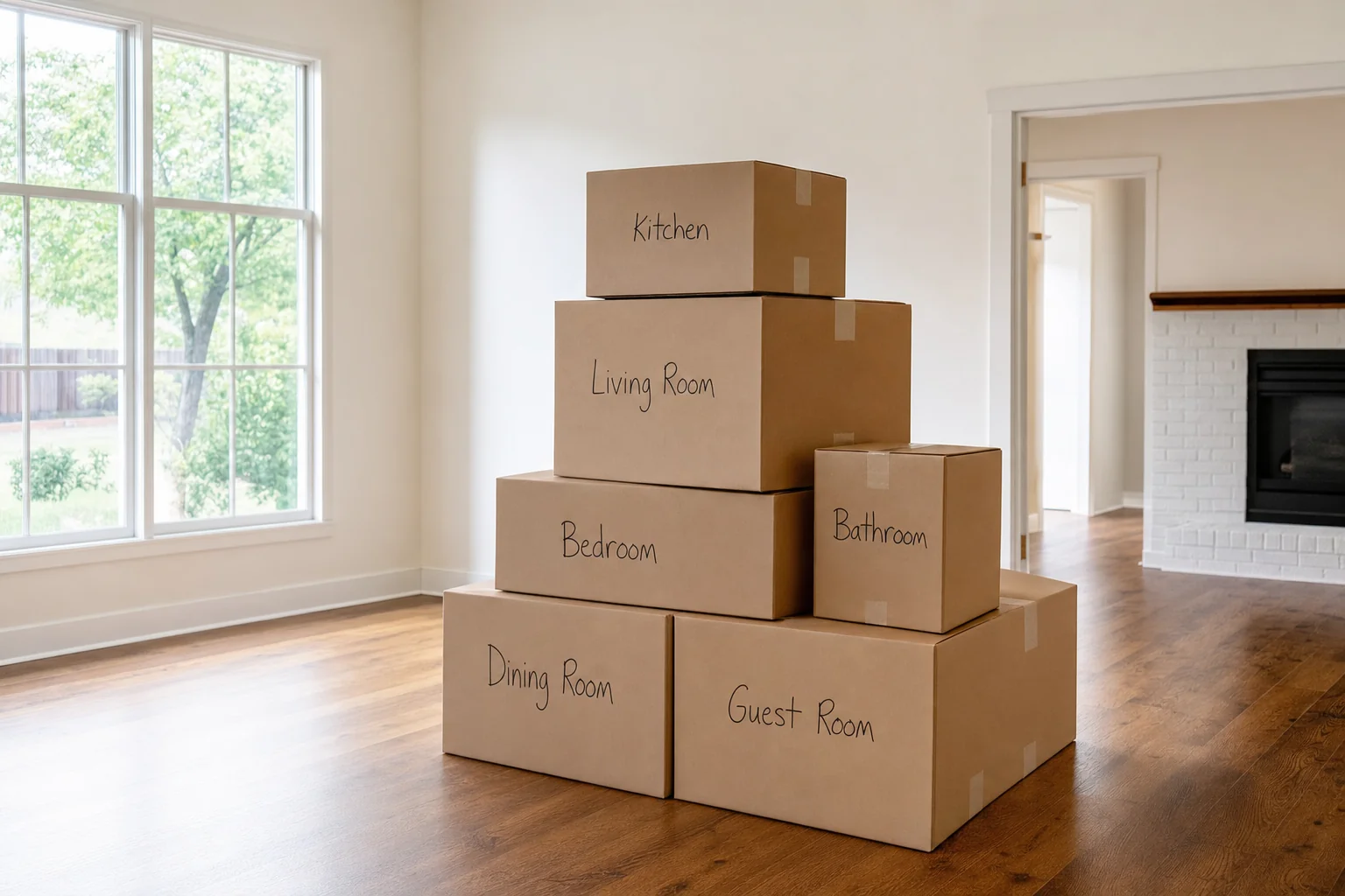 Stack of moving boxes each labelled by room ready for an interstate move