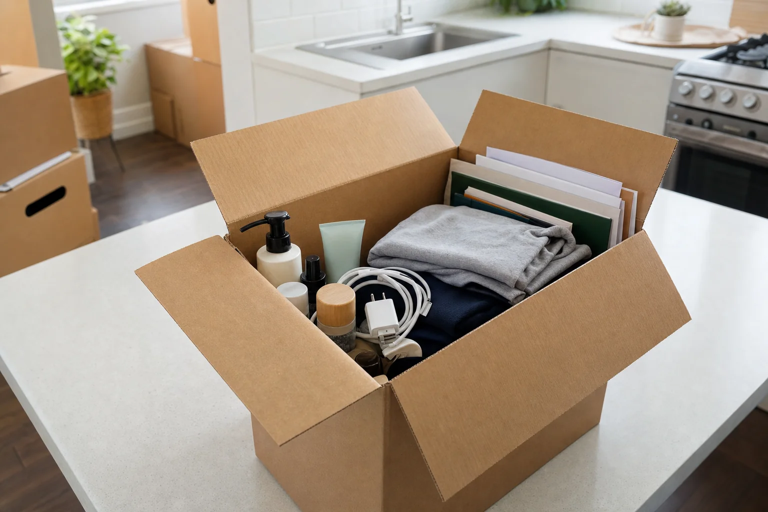 An open essentials box with toiletries, charger and documents on a kitchen bench on moving day