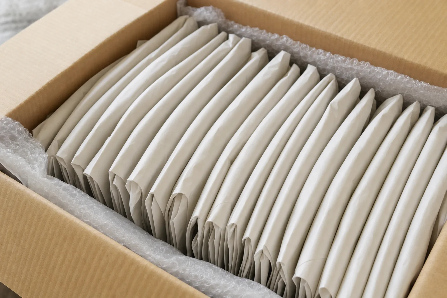 Wrapped dinner plates standing on their edge in a padded moving box