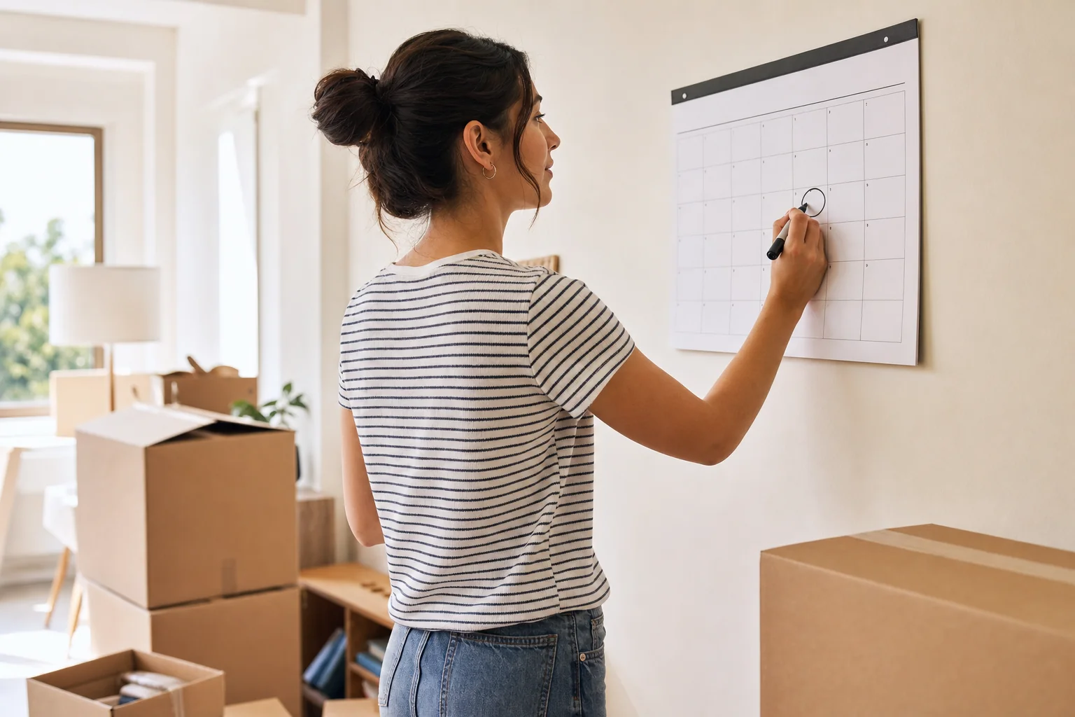 A person marking a moving date on a wall calendar with packed boxes nearby