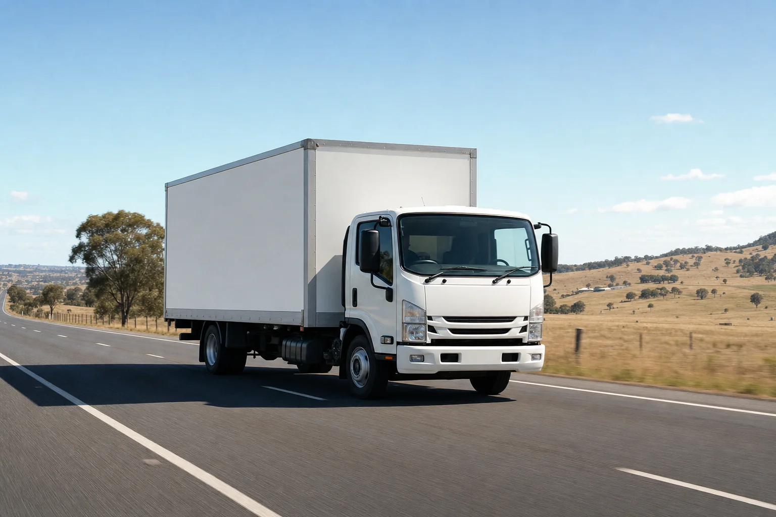 A removal truck driving along an open Australian highway between cities on a clear day
