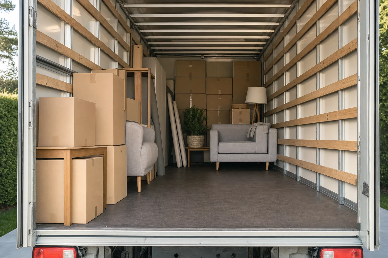 Removal truck partly loaded with furniture and boxes, space left for a shared backload